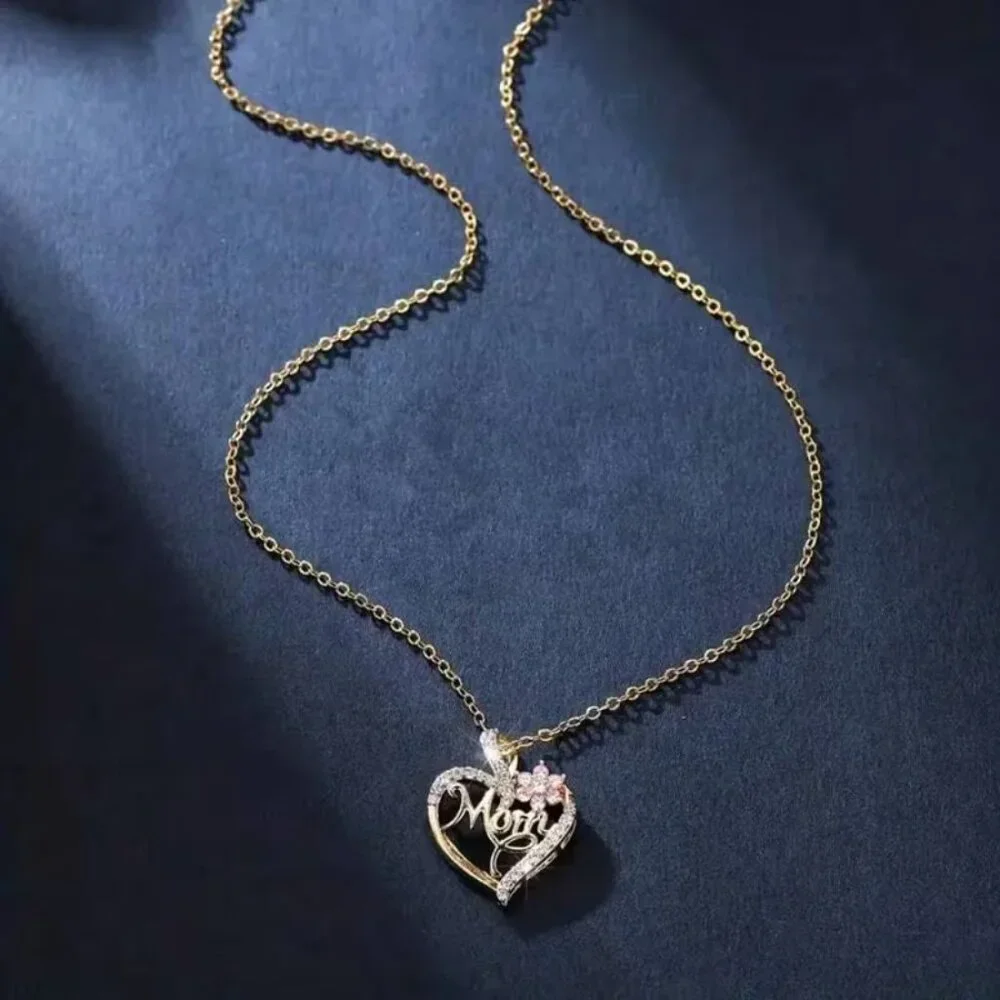 NEW "Mom" Necklace ~ Gold Tone Delicate Chain with Heart Flower Rhinestones - Picture 2 of 4